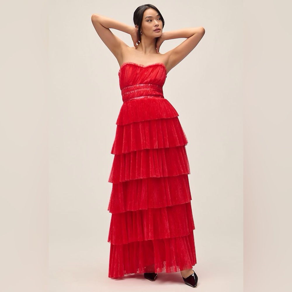 NWT Anthropologie Hutch Evie Strapless Tiered Maxi Dress Size 10 Red